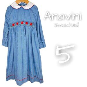 Anavini Girls Apple Embroidered School Long Sleeve Collared Smocked Dress 5